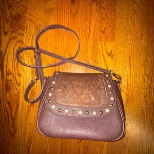 Charming Charlie Brown Crossbody Bag with Studded Flap and Long Strap